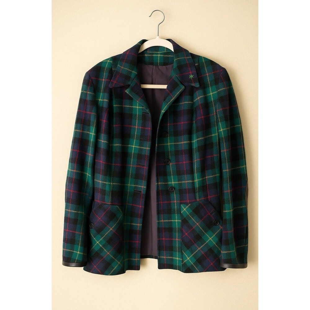 Vintage Peck & Peck Wool Plaid Blazer w/ Leather Elbow Patches 70s Preppy Small